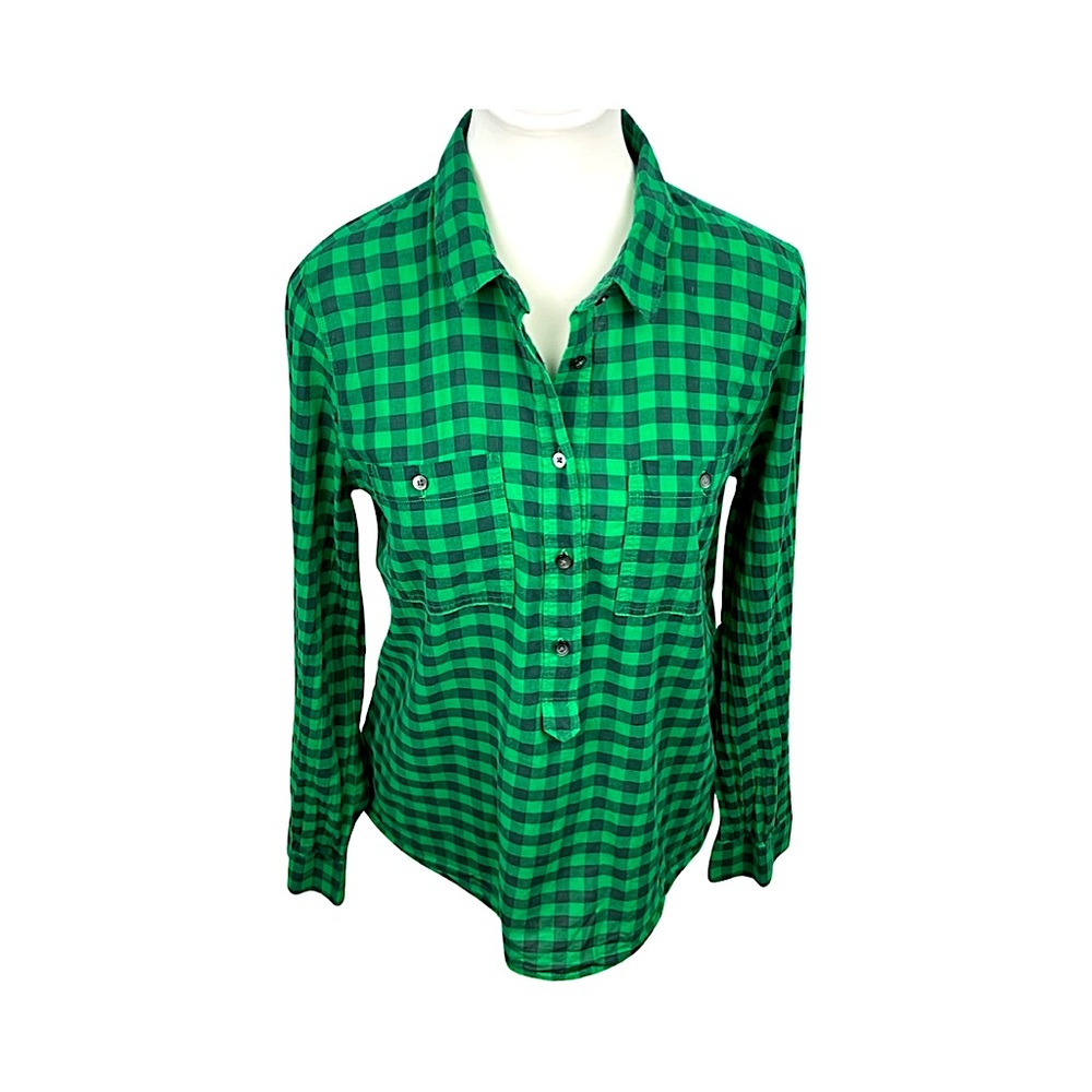 Madewell Lightweight 3/4 Button Up Shirt Green Blue Bold Check Size M Gorpcore